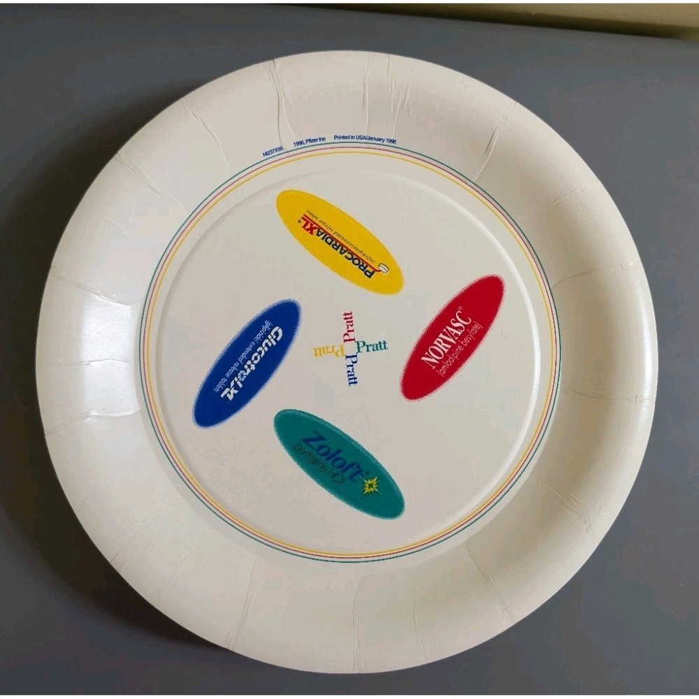Vtg 1996 Pfizer Pratt Paper Plates 20ct Zoloft Procardia XL Norvasc Glucotrol XL
